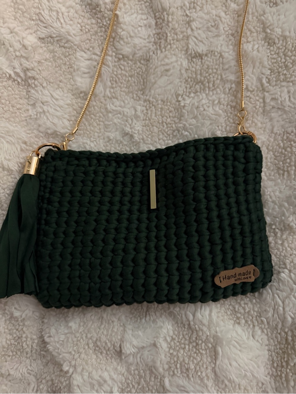 Handmade Dark Green Woven Crossbody Bag with Tassel